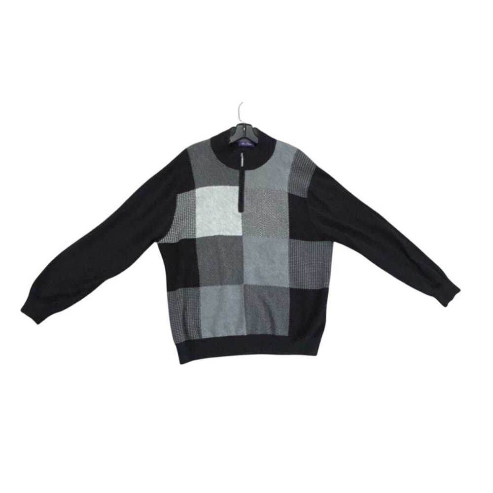 Alan Flusser Men's Cotton Black/Gray Large Check Sweater 1/4" Zip Size XL - Picture 3 of 9